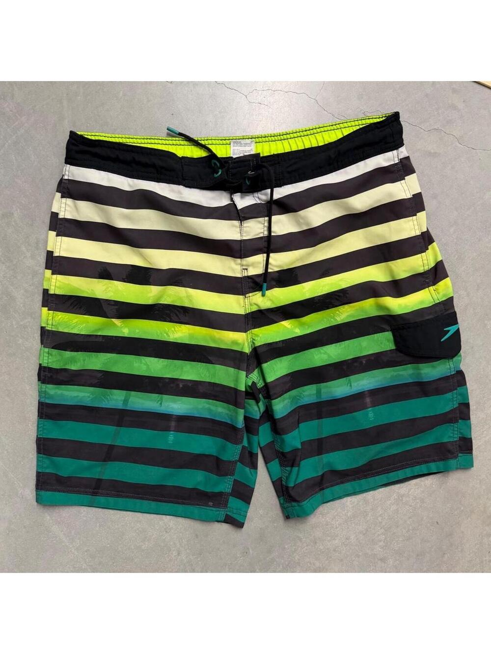 2000's Men's Striped Green Speedo Bathing Suit Shorts Sized Medium